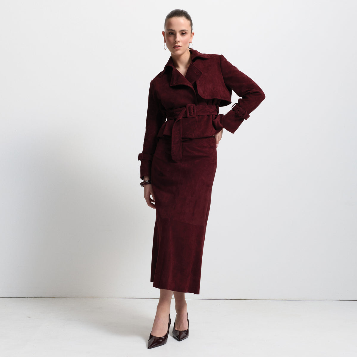 Nicole Cropped Trench - Bordeaux Suede
