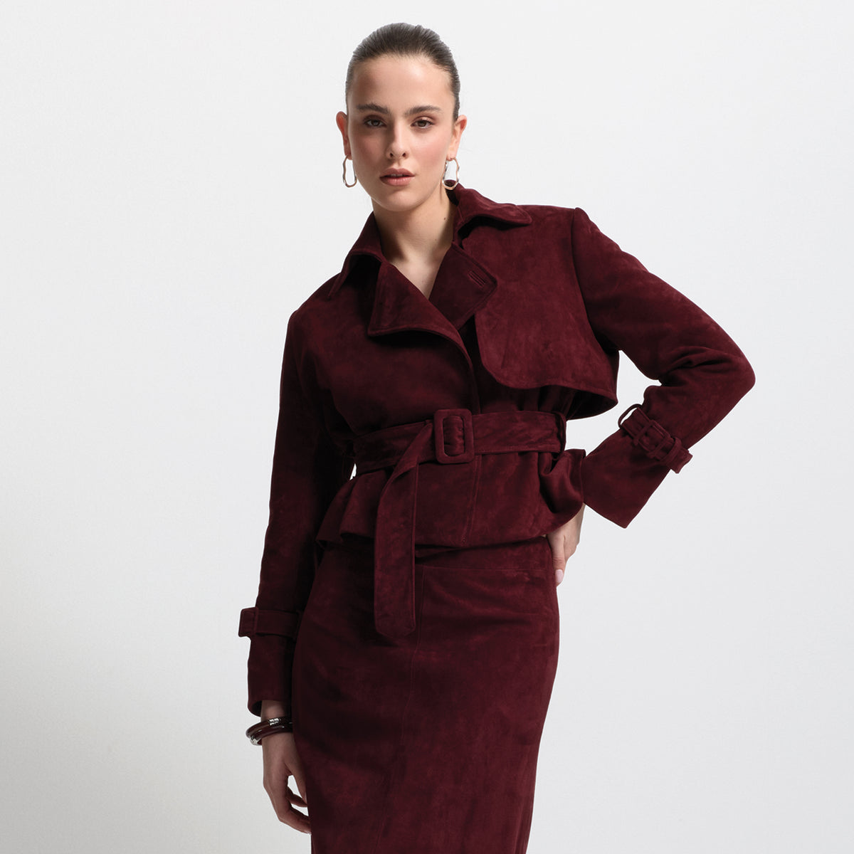 Nicole Cropped Trench - Bordeaux Suede