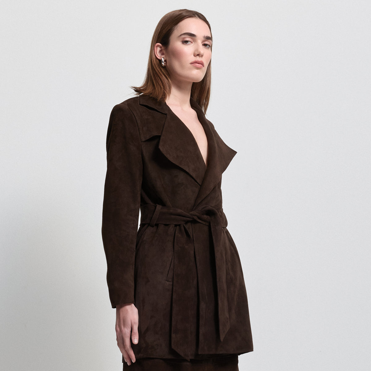 Henrietta Three Quarter Coat - Coffee Suede
