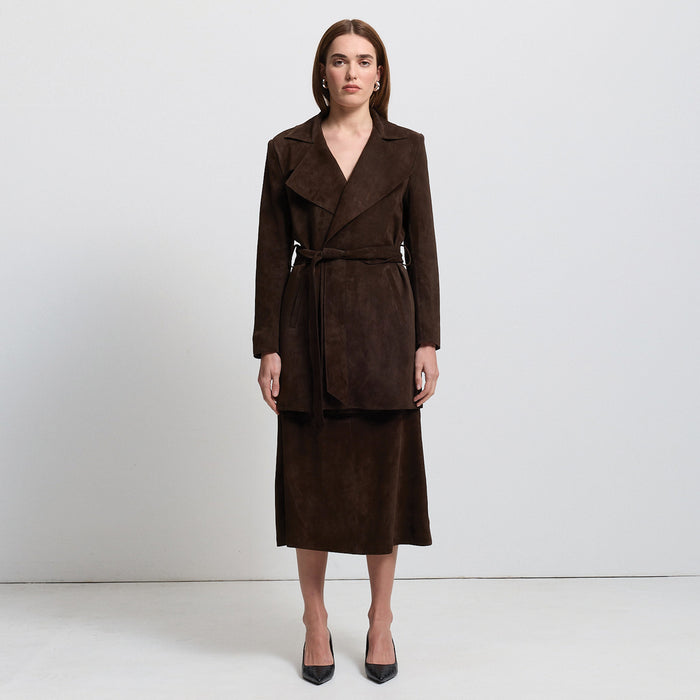 Henrietta Three Quarter Coat - Coffee Suede