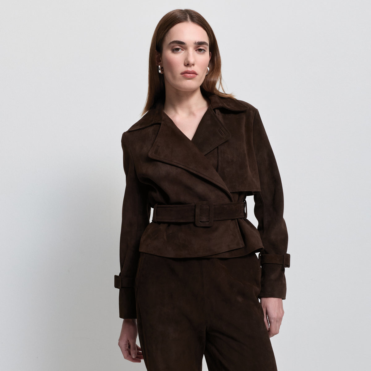 Nicole Cropped Trench - Coffee Suede