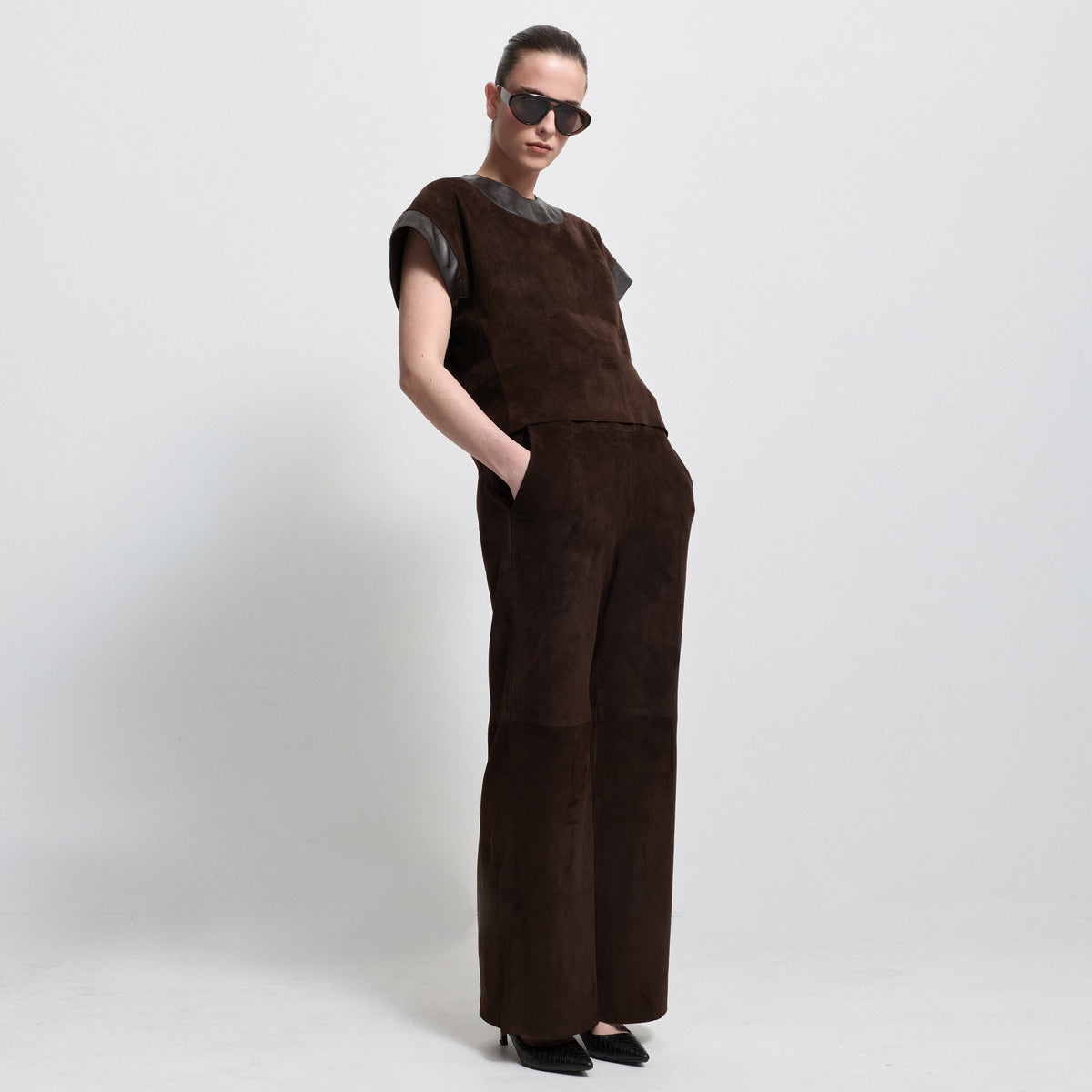 Leah Suede/Leather Top - Coffee