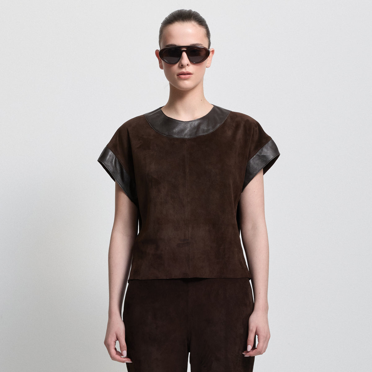 Leah Suede/Leather Top - Coffee