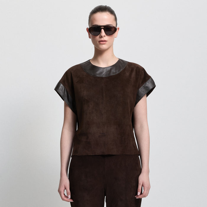 Leah Suede/Leather Top - Coffee