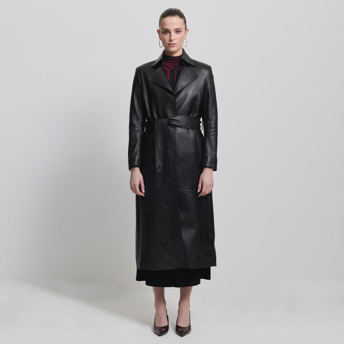 Harper Trench Coat - Jet Black Leather