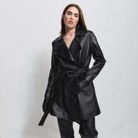 Henrietta Three Quarter Coat - Jet Black Leather