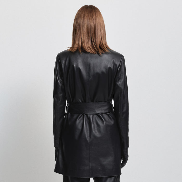 Henrietta Three Quarter Coat - Jet Black Leather