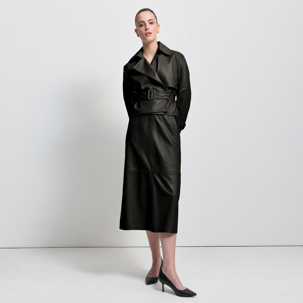 Nicole Cropped Trench - Jet Black Leather