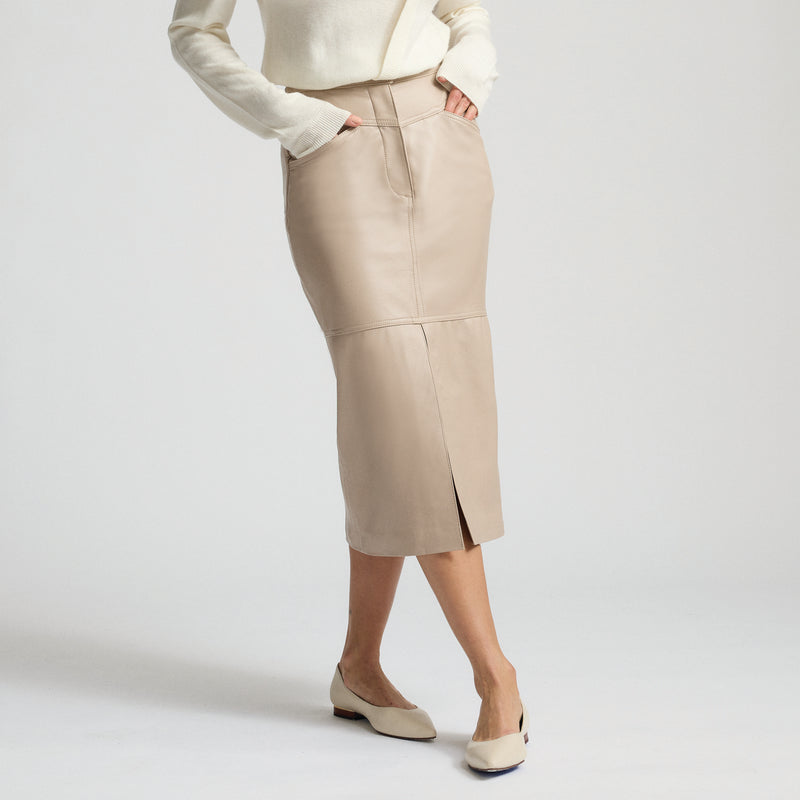 Margot Long Line Leather Skirt - Crème Brûlée