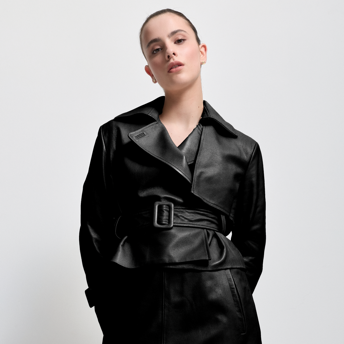 Nicole Cropped Trench - Jet Black Leather