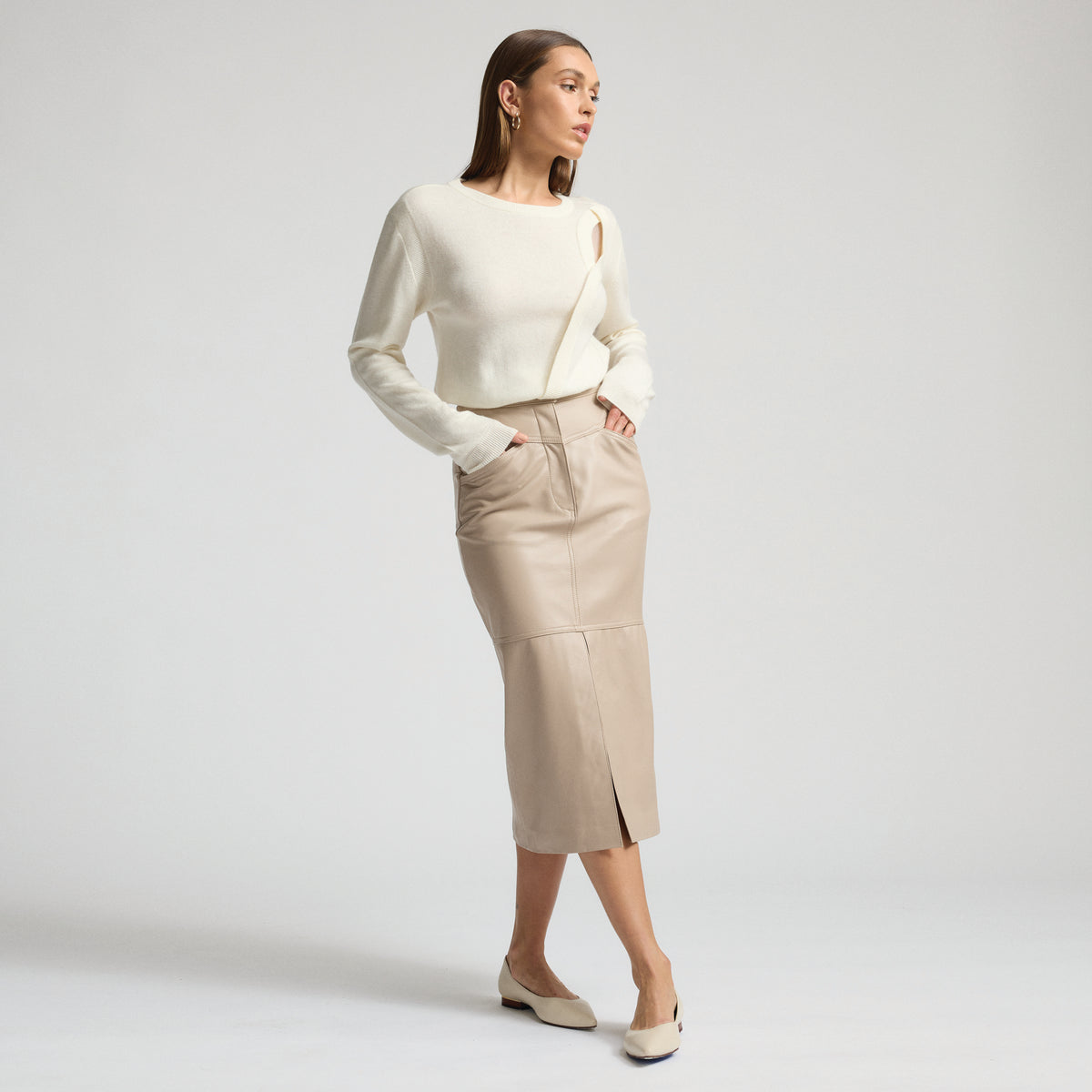 Margot Long Line Leather Skirt - Crème Brûlée